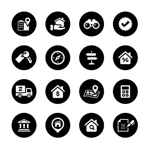 illustrazioni stock, clip art, cartoni animati e icone di tendenza di set di icone del cerchio immobiliare - house calculator real estate examining