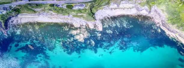 Drone/Aerial view of Mevagissey, a Cornish fishing village near Plymouth