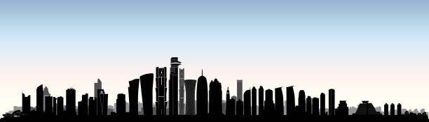 illustrations, cliparts, dessins animés et icônes de skyline de la ville de doha. paysage urbain arabe. bâtiment de gratte-ciel de qatar - illustrations de doha
