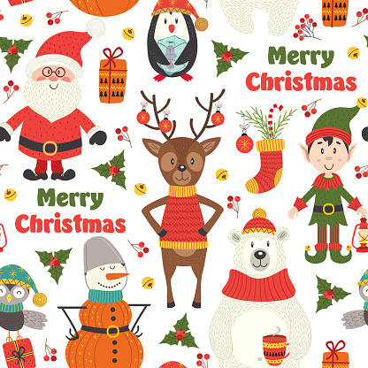 seamless pattern with  Christmas characters on white background - vector illustration, eps