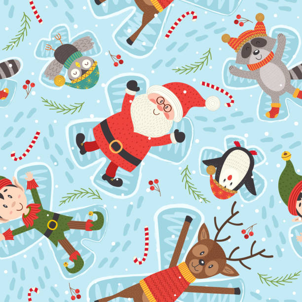 seamless pattern with Christmas characters make snow angel seamless pattern with Christmas characters make snow angel - vector illustration, eps snow angels stock illustrations