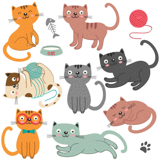 stockillustraties, clipart, cartoons en iconen met set van geïsoleerde katten karakter - bolletje wol