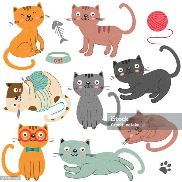 Set Of Of Isolated Cats Character Stock Illustration - Download Image Now - Domestic Cat, Kitten, Ball Of Wool