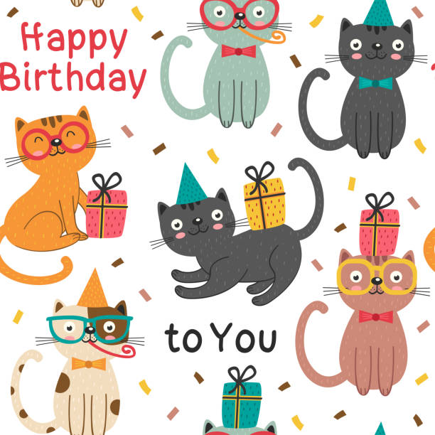 seamless pattern with Happy Birthday cats vector art illustration