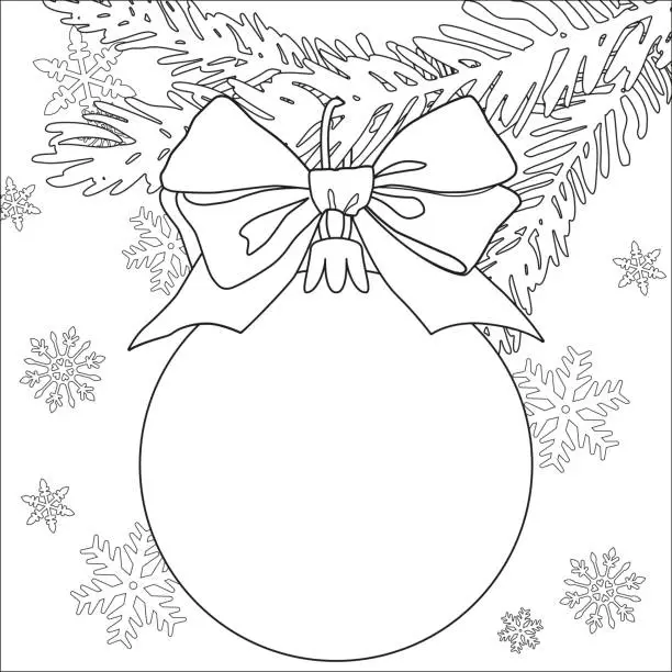 Vector illustration of Christmas theme black and white poster with tree branch, decorations, ribbon and snowflakes.