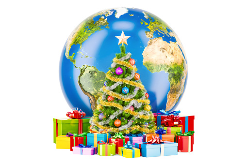 Global Christmas and New Year concept, Earth globe with gift boxes around. The source of the map - http://visibleearth.nasa.gov/view.php?id=57730