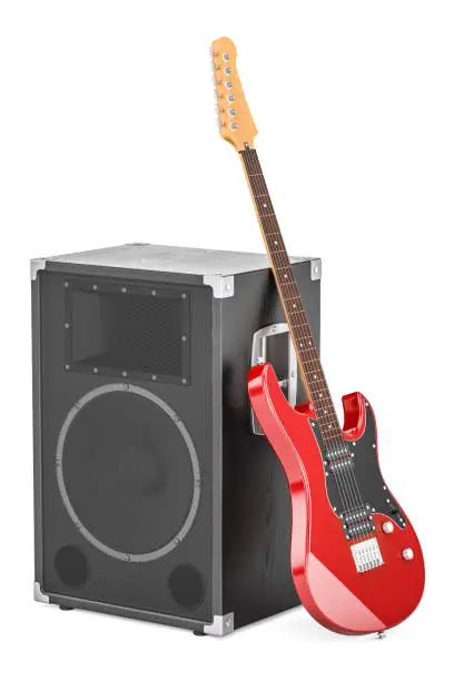 Electric guitar with concert loudspeaker, 3D rendering isolated on white background