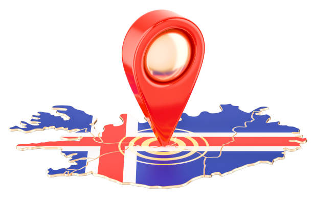 Map pointer on the map of Iceland, 3D rendering isolated on white background