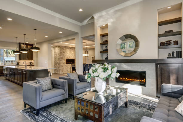 istock Chic living room filled with built-in fireplace 877866794
