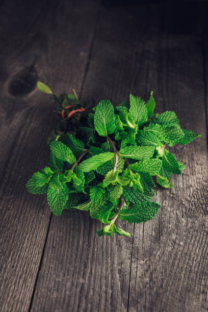 istock Green mint on the wooden table 877874186