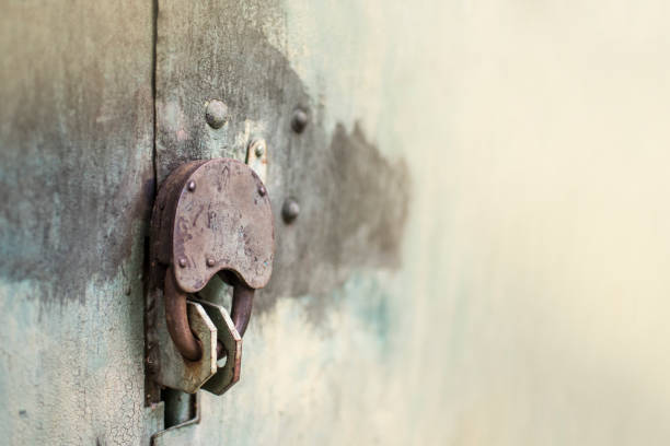 istock Padlock on metal door in front, copy space 877877950
