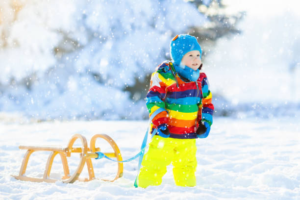 istock Boy on sleigh ride. Child sledding. Kid with sledge 877880386