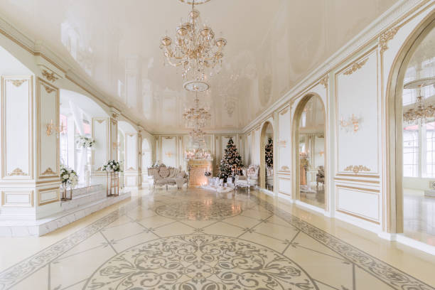 istock Christmas morning. luxury classic apartments with a white fireplace. 877883874