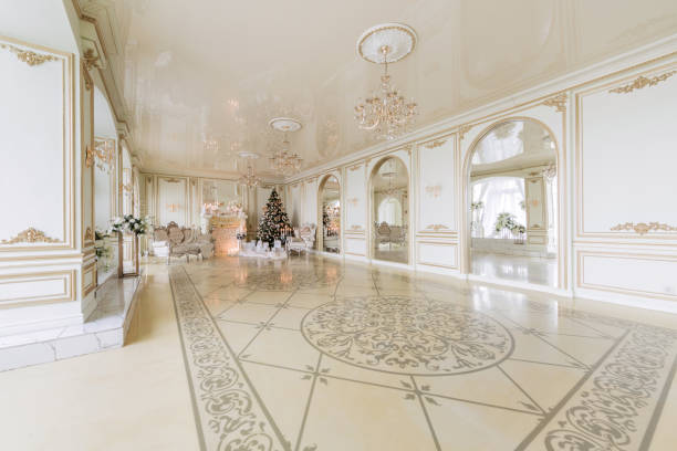istock Christmas morning. luxury classic apartments with a white fireplace. 877886112