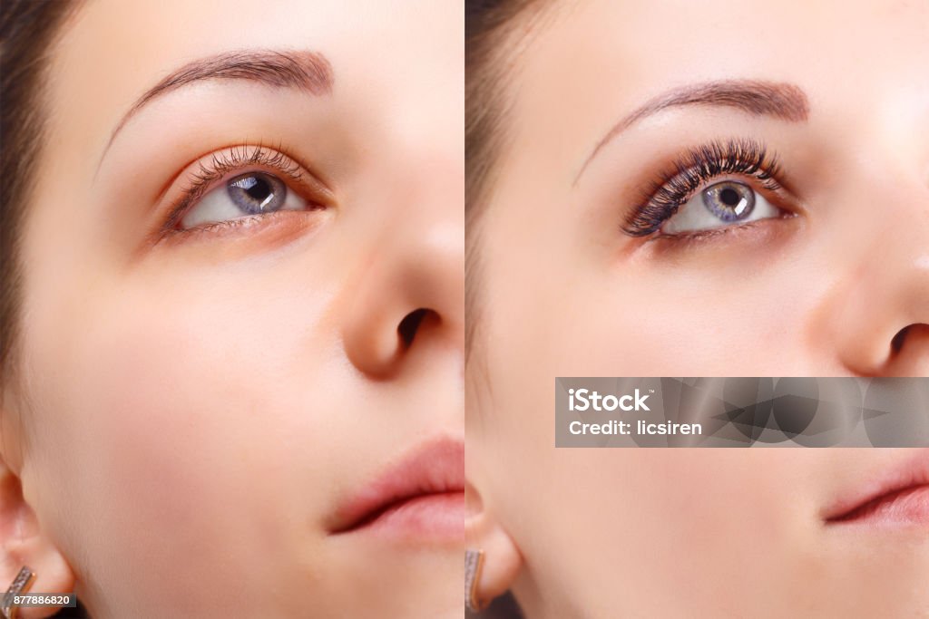 Extension de cils. Comparaison des yeux femmes avant et après - Photo de Cils libre de droits