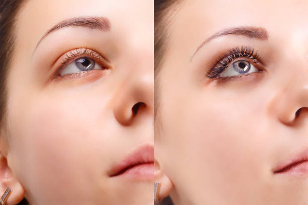 眼睫毛。女性的眼睛之前和之後的比較 - 假睫毛 個照片及圖片檔