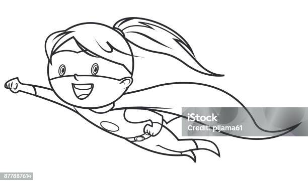 Cute Cartoon Hero Girl Stock Illustration - Download Image Now - Child, Coloring Book Page - Illlustration Technique, Superhero