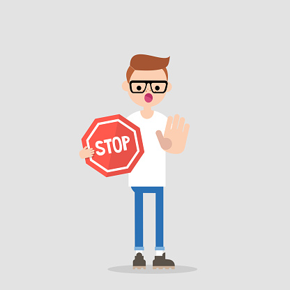 Warning. Forbidden. No access. Young character holding a red stop sign. Flat editable vector illustration, clip art.