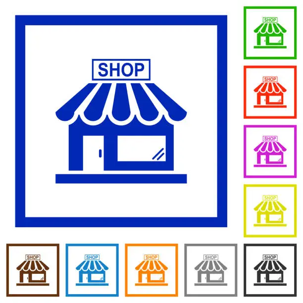 Vector illustration of Store front flat framed icons