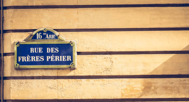 istock blue parisian street sign on a stone wall 877898936