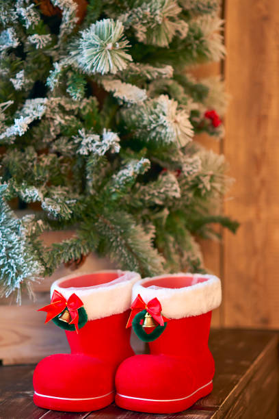 Red with white border Christmas boots under Christmas tree on wooden background