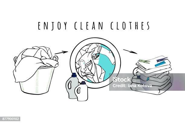 Laundry Basket And Washing Machine With Water And Clothes Folded Sheets Towels And A Detergent Isolated Symbols Background For Advertising Brochures Flyers Hand Drawn Vector Illustration Stock Illustration - Download Image Now