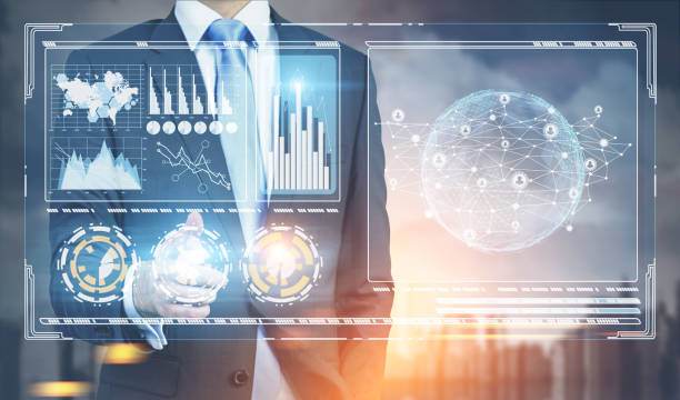 istock Man interactign with infographics holograms, city 877915632