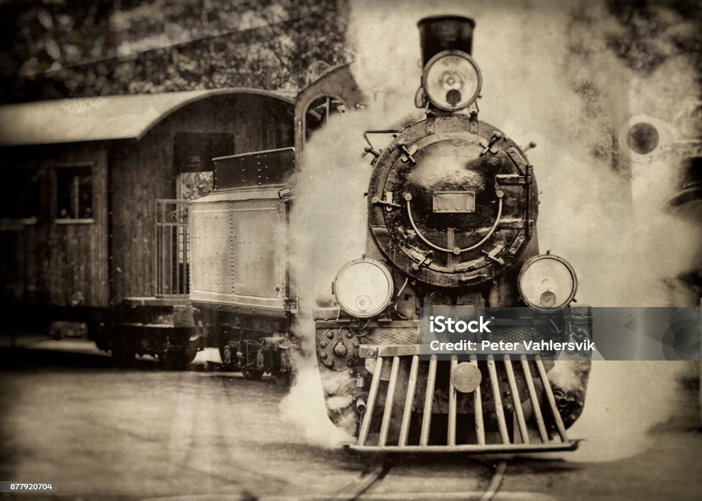 Steam train in sepia Steam train sorrounded by lots of smoke draws an passenger cabin, antique, sepia toned processed, wet plate and scratch processed, Train - Vehicle Stock Photo