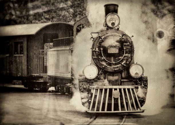 Steam train in sepia Steam train sorrounded by lots of smoke draws an passenger cabin, antique, sepia toned processed, wet plate and scratch processed, train station black and white stock pictures, royalty-free photos & images