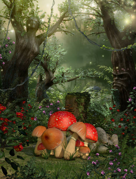 3D rendering of a enchanting fairy forest opening with magical trees in the background.