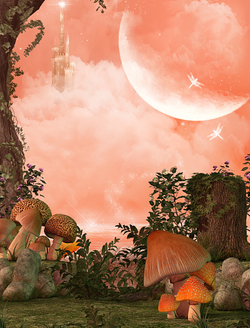 3D rendering of a enchanting fairy forest opening and in the background a lake, with a castle and a full moon.