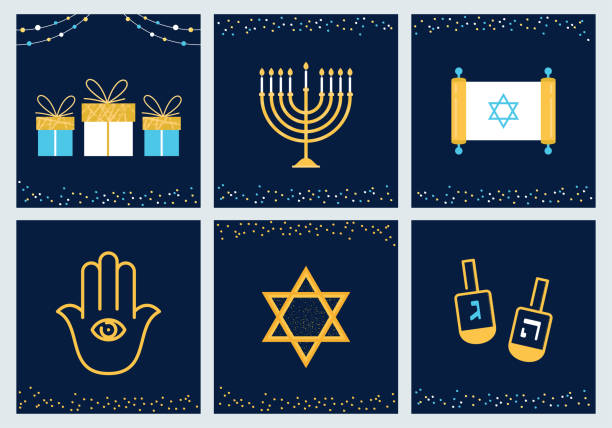 illustrazioni stock, clip art, cartoni animati e icone di tendenza di biglietti di auguri hanukkah con simboli ebraici. progettazione vettoriale - menorah