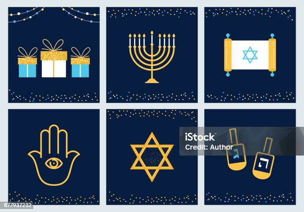 Hanukkah Greeting Cards With Jewish Symbols Vector Design Stock Illustration - Download Image Now