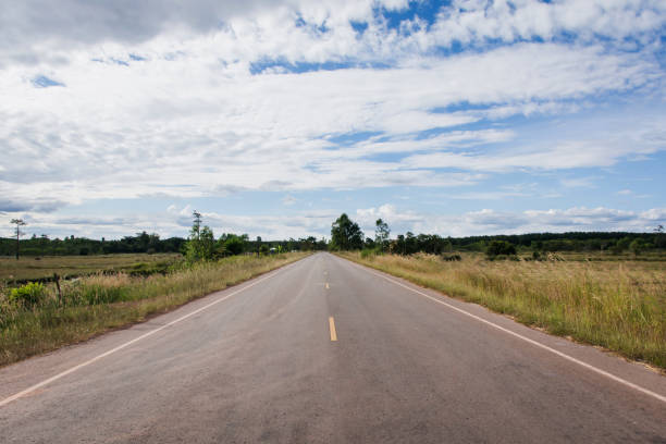 istock asphalt road through the rice field and clouds on blue sky in summer day 877972174