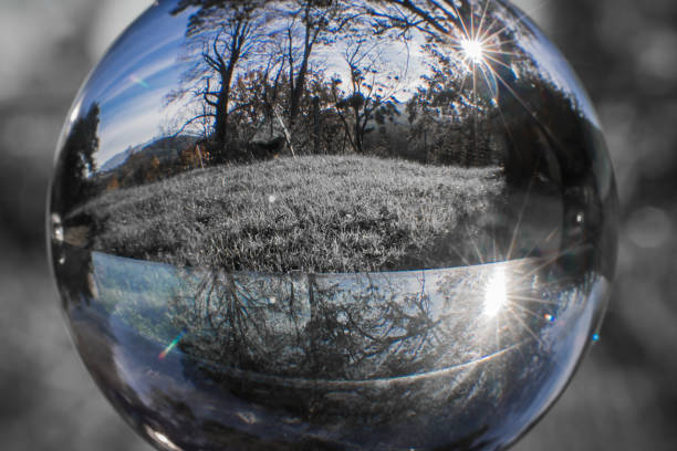 istock close up view on beautiful landscape trees in blue sky through lens ball sphere in selective color, france 877995238