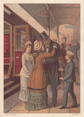 Farewell at the station - a woman says goodbye to her family. Nostalgic scene from the 19th century. Lithograph after a drawing by Emil Limmer (German painter, 1854 - 1931), published in 1883.