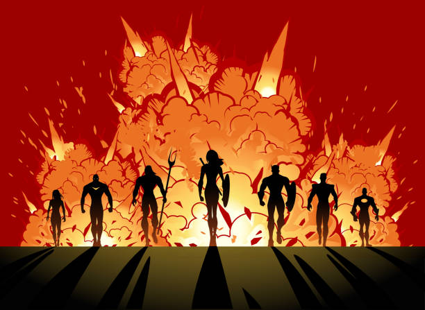 illustrations, cliparts, dessins animés et icônes de équipe de super-héros wth féminin leader silhouette s’éloignant de l’explosion de vector - exploser illustrations
