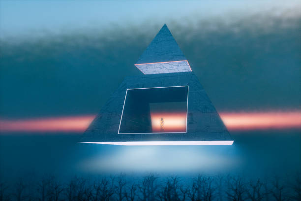 UFO pyramid with standing alien over foggy forest.