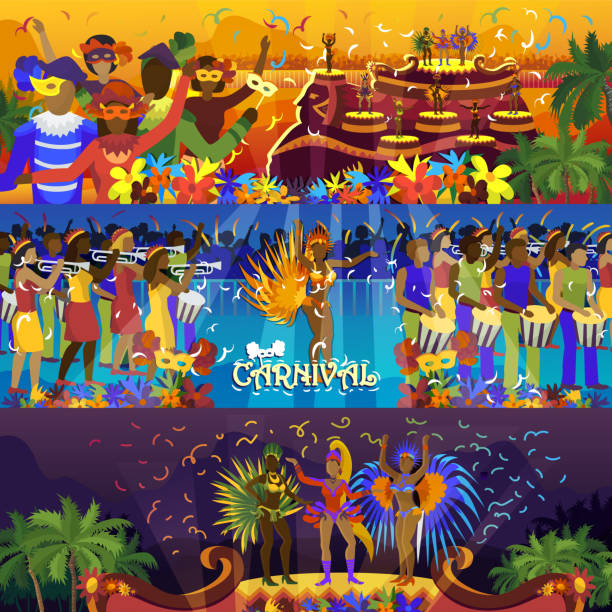 illustrations, cliparts, dessins animés et icônes de vector brésil carnaval rio festival fête brésilienne filles danseuses samba fête carnaval costume traditionnel vacances sud danseuse illustration bannière - carnaval réjouissances