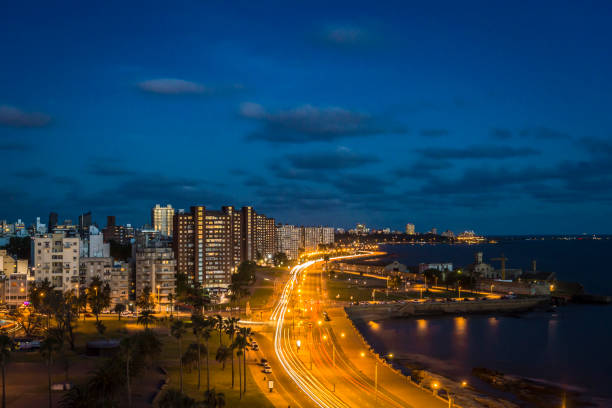 Montevideo - Uruguay High angle view of the avenue 'La Rambla de Montevideo' and the city in Montevideo, Uruguay uruguay photos stock pictures, royalty-free photos & images