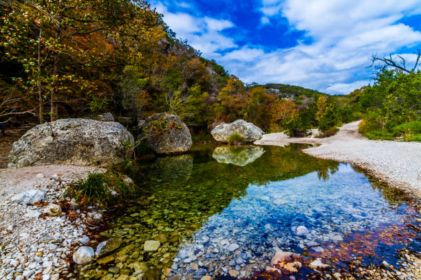 clear pond at lost maples state park, texas. - leaf autumn falling tree imagens e fotografias de stock