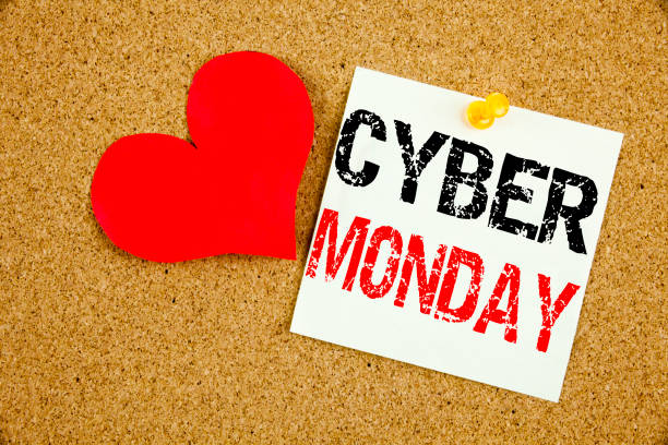 istock Conceptual hand writing text caption inspiration showing Cyber Monday concept for Retail Shop Discount and Love written on sticky note, reminder cork background with space 878012570