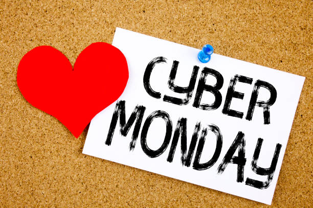 istock Conceptual hand writing text caption inspiration showing Cyber Monday concept for Retail Shop Discount and Love written on sticky note, reminder cork background with copy space 878012788