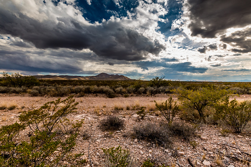 West Texas Landscape of Desert Area with Hills, Scrub Brush, and Interesting Clouds.