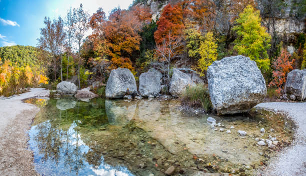 Panorama of Clear Pond and Fall Foliage at Lost Maples, Texas. stock photo