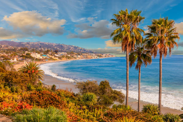 laguna beach, al océano pacífico y a la costa de la route 1, condado de orange, california - california fotografías e imágenes de stock