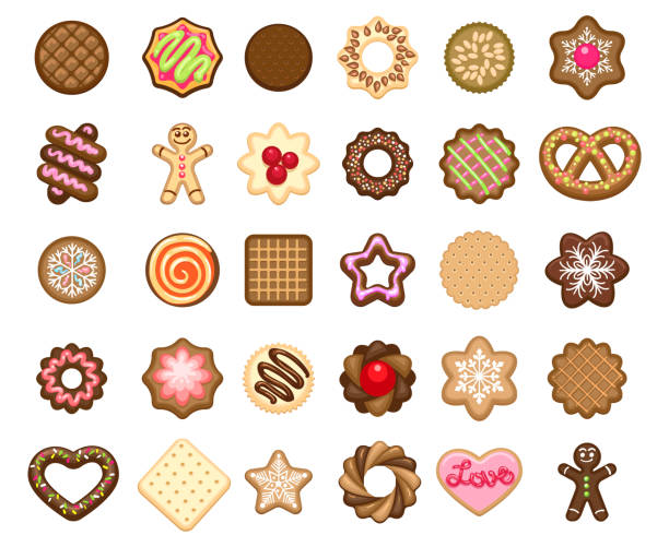 Christmas cookies icons Christmas cookies icons and xmas biscuits desserts vector illustration. Tasty homemade holiday cookies bakery products holiday cookies stock illustrations
