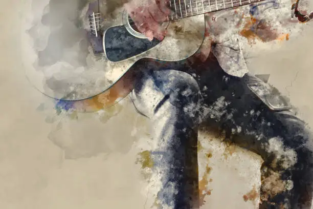 Photo of Abstract beautiful playing Guitar in the foreground on Watercolor painting background and Digital illustration .