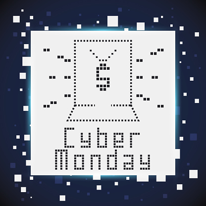 Poster with pixel shopping bag with a money symbol over digital squares for Cyber Monday sales.