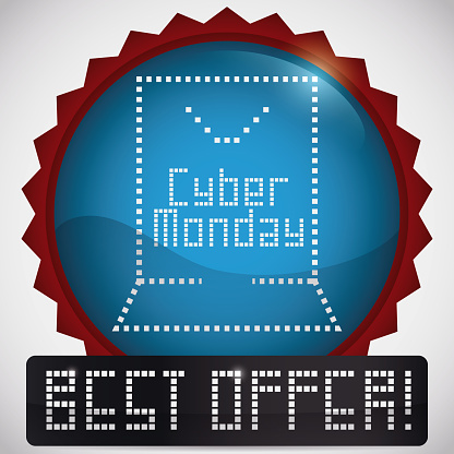 Round label with a pixel shopping bag over glossy blue button and digital screen announcing best offer in Cyber Monday sales.